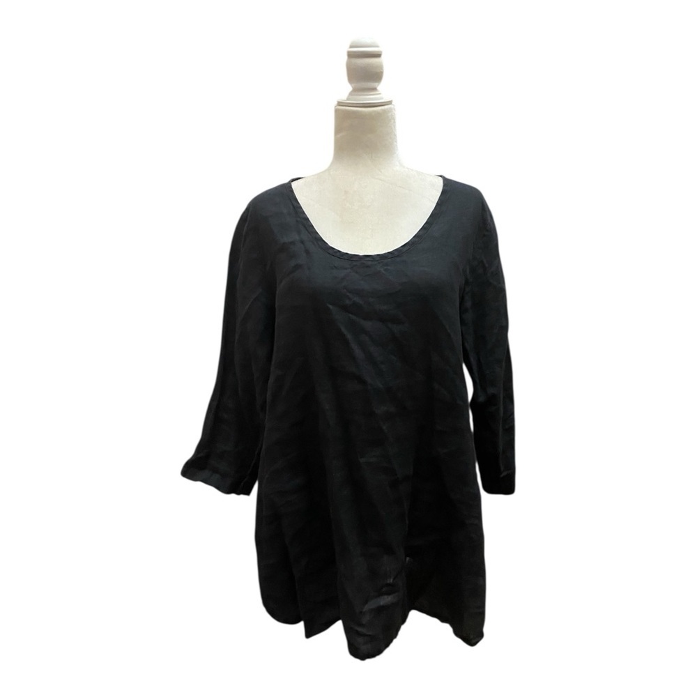 Flax Womens Black Scoop Neck Linen Tunic Shirt Size Small 3/4 Sleeve Lagenlook
